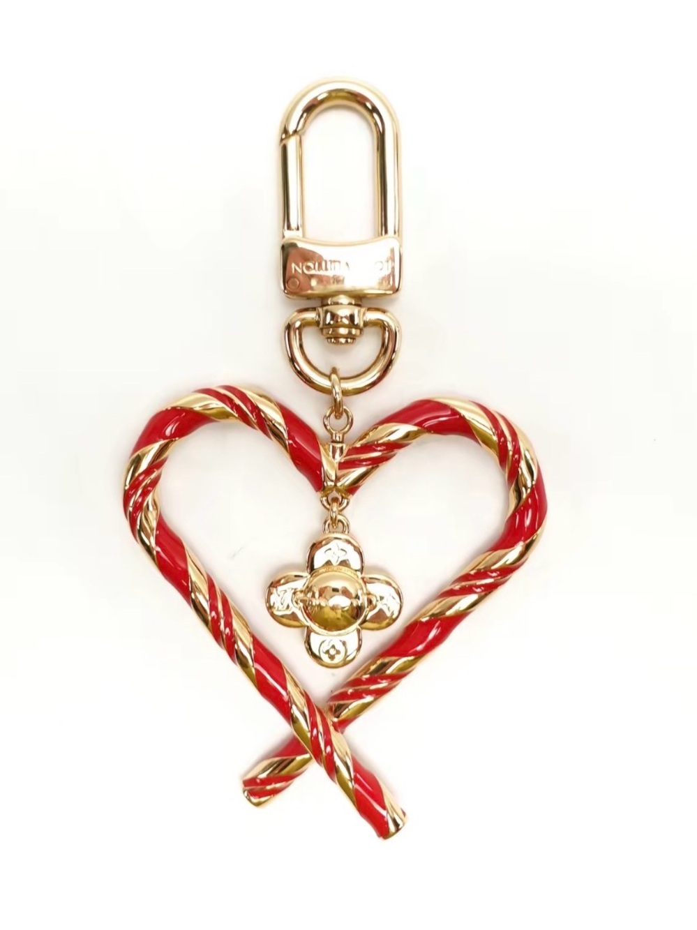 Louis Vuitton Red & Gold Heart Candy-Cane Key Charm with Monogram Pendant